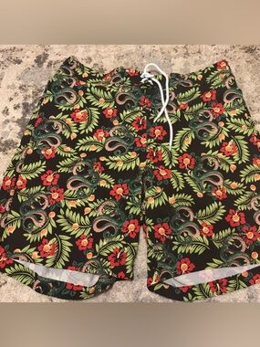 Men's Black Tropical Dragon Print Swim Trunks with Drawstring
